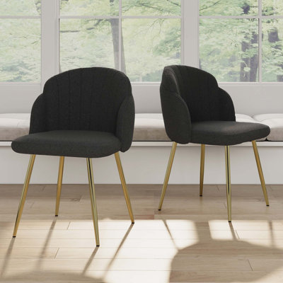 Modern Simple Black Teddy Fleece Dining Chair Fabric Upholstered Chairs Home Bedroom Stool Back Dressing Chair Gold Metal Legs,Set Of 2