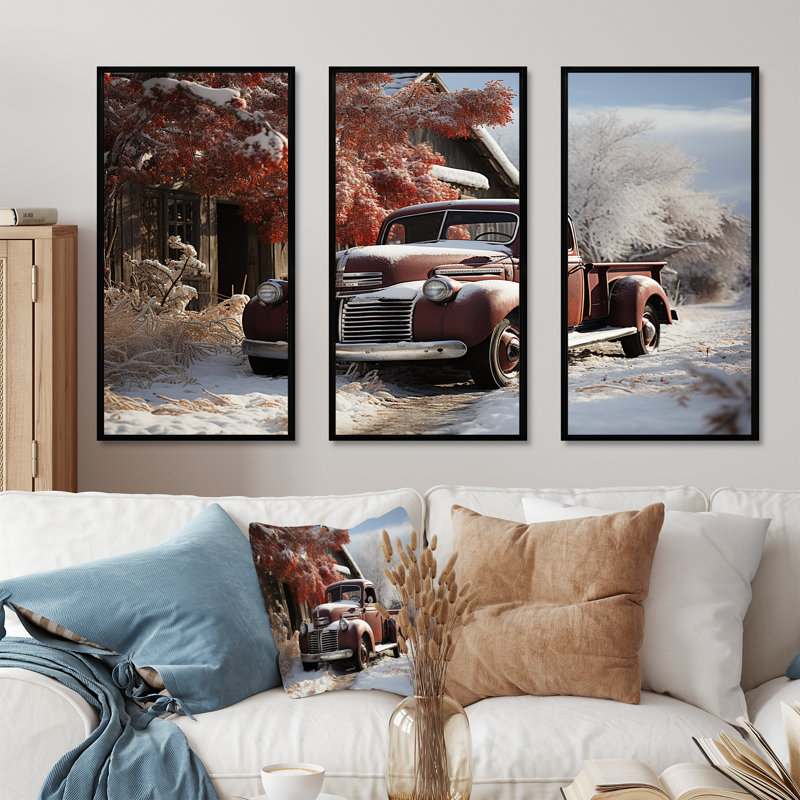 «Truck Pickup Charm In Winter», ensemble d'art sur toile, Cadre flottant noir, H 32 po x l 48 po x P 1 po