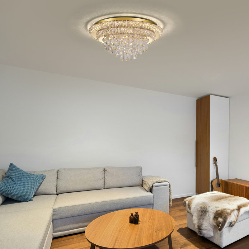 24-Inch Dimmable Tiered Crystal LED Flush Mount Ceiling Light with Tunable White, App and Remote Control, Gold, 24", Gold