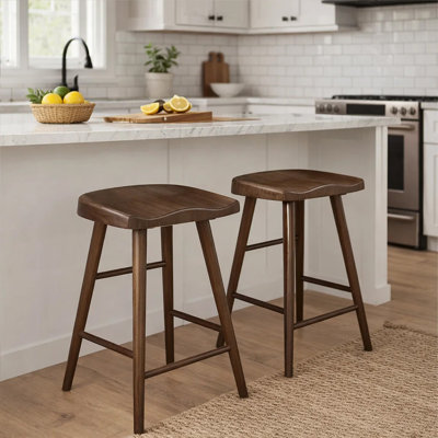 Vira 24 Inch Counter Height Stool Set Of 2, Saddle Seat, Brown Wood