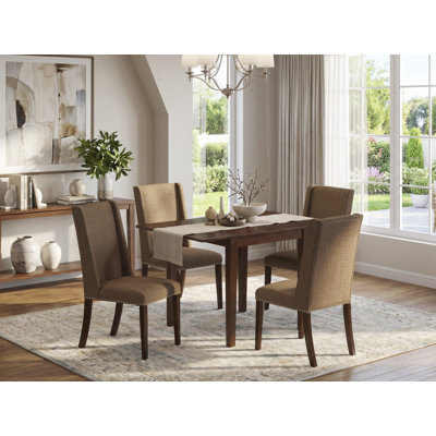 5 Piece Dining Table Set Includes a Rectangle Dining Room Table with Dropleaf and 4 Brown Linen Fabric Upholstered Chairs, Mahogany