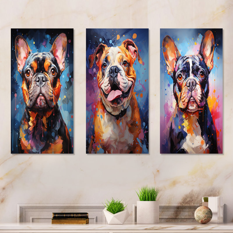Bulldog Boldness - ensemble de 3 reproductions d'art mural en métal, H 28 po x l 36 po
