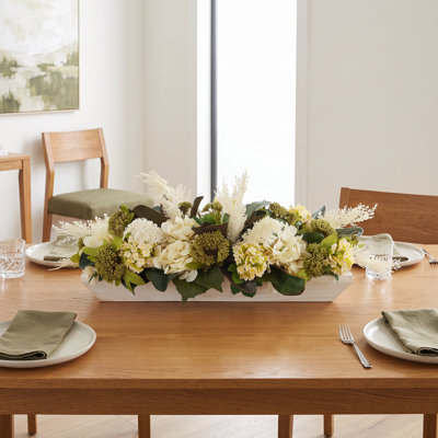Hydrangea and Pampas Fall Centerpiece in a Wood Planter