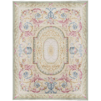 Tapis beige et vert noué à la main de haute qualité