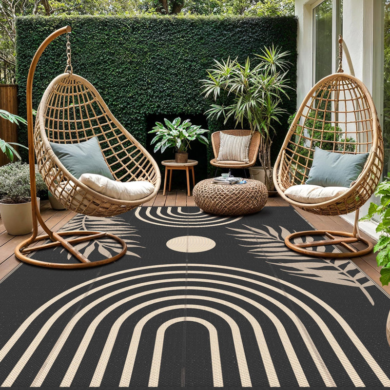 Tapis intérieur / extérieur réversible Shimeek, tapis extérieur en plastique imperméable, Noir / Beige