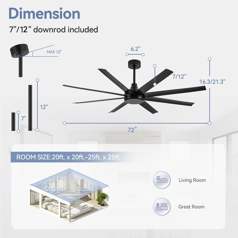 Ilette 65/72/84-inch 8- Blade DC Motor Windmill No Lights Ceiling Fan with Remote Control, 72", Black