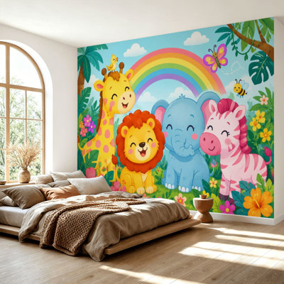 Wall Mural Peel and Stick Wallpaper Cute Jungle Animals Rainbow Colorful Flowers kids Self-Adhesive Removable Contact Paper Wall Decor for Living Room Bedroom 69"H x 96"W