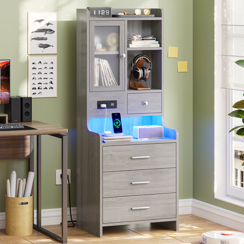 49.3" Tall Nightstand with Charging Station and LED Lights,Bedside Table with Drawers & Storage Shelves,Glass Door,LED Nightstand With Storage