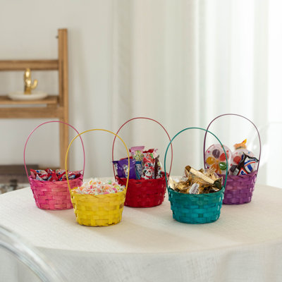 5 Assorted Color Bamboo Wicker Round Baskets With Handles - Small Buckets For Easter Egg Hunts, Birthday Party Decorations, Gift Packing, Halloween Trick-or-treating, And Candy Baskets