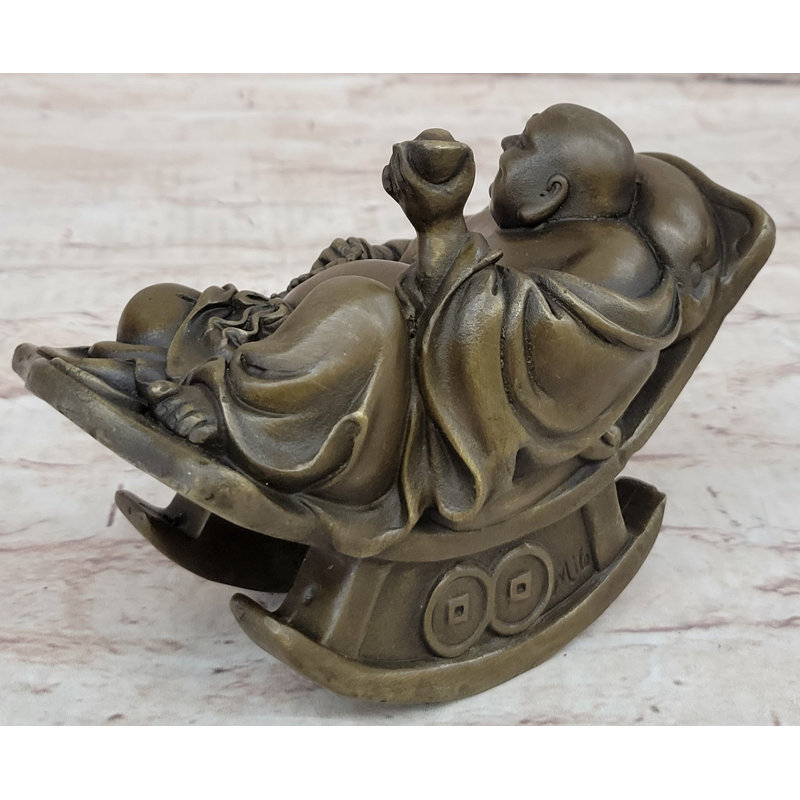 Sculpture originale de statue de Bouddha riant sur chaise berçante en bronze