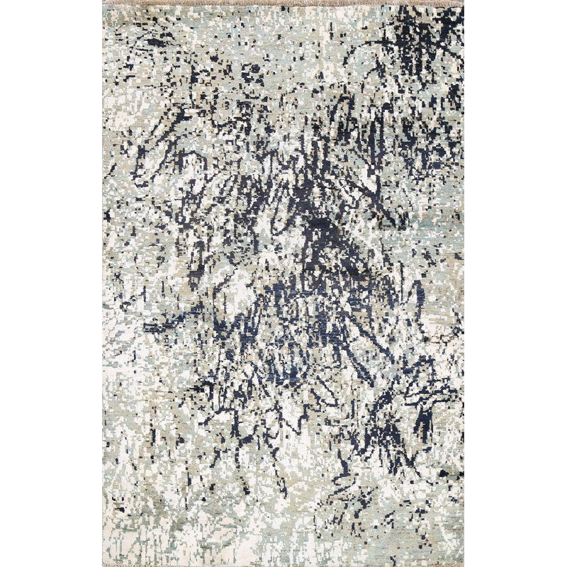 Tapis rectangulaire ivoire / gris clair / bleu noué à la main 4 pi x 6 pi 1 po