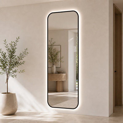 Miroir pleine longueur 65 po x 24 po à DEL avec cadre en aluminium noir, trois températures de couleur et gradation continue