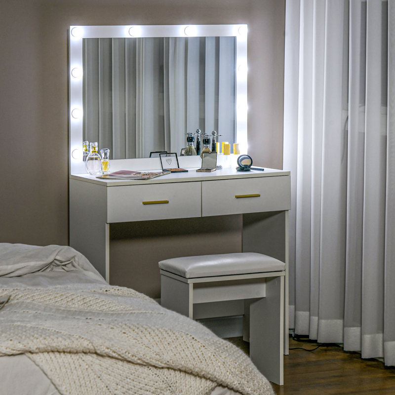 Ensemble de coiffeuse et tabouret de maquillage avec miroir lumineux DEL, Blanc