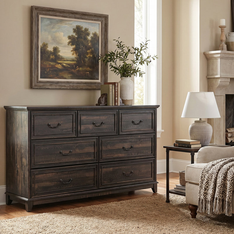 54" Wide 7-Drawer Dresser, Rustic Storage Chest Of Drawers With Anti-Tip Design, Dark Oak Finish For Bedroom, Dark Oak