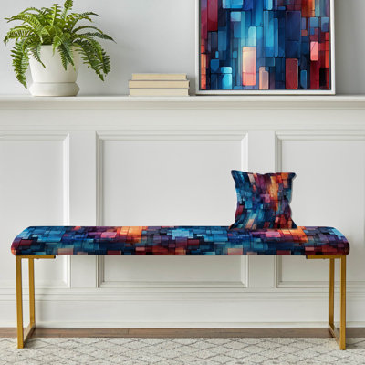 Cubes matelassés mauves et bleus - Banc rembourré géométrique doré