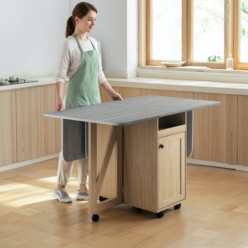 Drop-Leaf Foldable Dining Table With Storage & Lockable Wheels, Slate/Light Oak