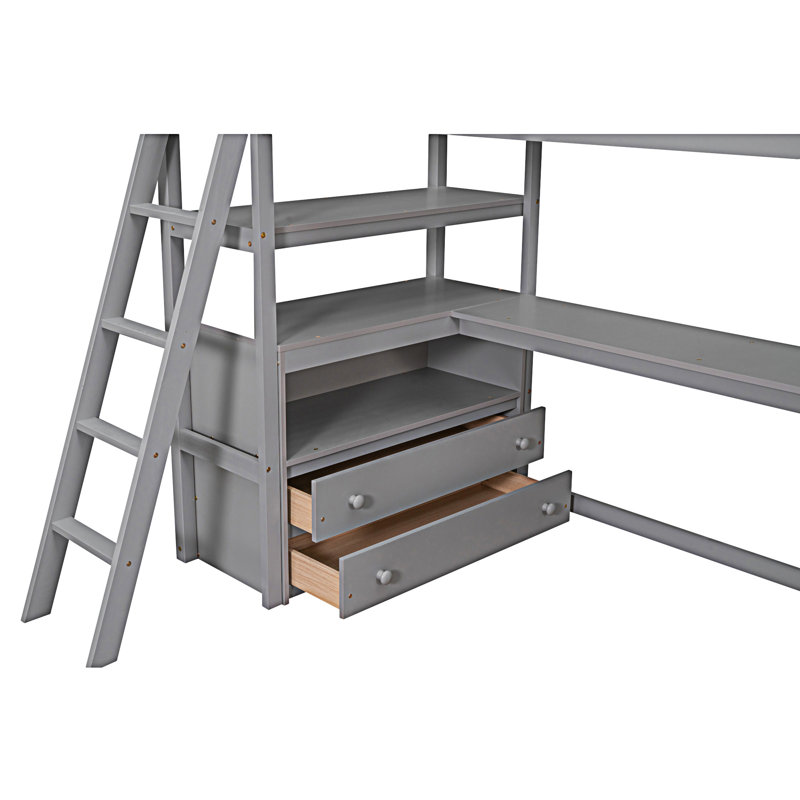 Lit mezzanine avec bureau et tablettes, Gris