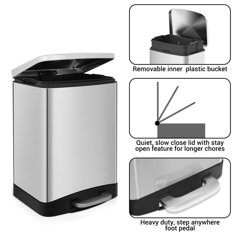 1.6 Gallon Brushed Stainless Steel Rectangular Step-On Trash Can