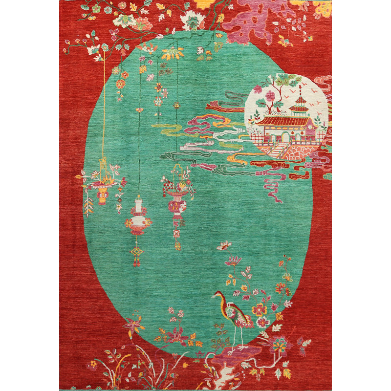 Tapis art déco vert 10 x 14