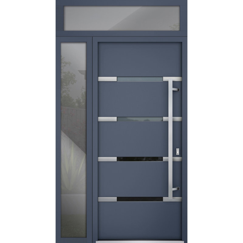 Porte avant en acier pré-suspendue à l'avant / deux graphite gris 1105 / fenêtre extérieure latérale et supérieure / inserts en acier inoxydable peints simples modernes - l 36 po x H 80 po + 16 po - Gauche