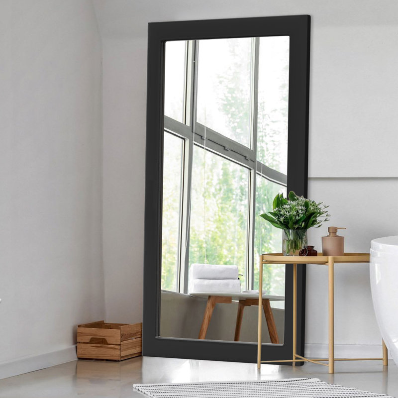 Wood Rectangle Mirror Wall Mounted Decor Bathroom Vanity Mirror With HD Tempered Glass, 71" x 32", Black