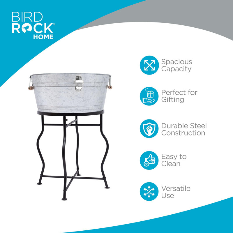 Large Beverage Tub with Stand - 21” Galvanized Ice Bucket with Wooden Handles and Built-In Bottle Opener - Drink Tub for Indoor or Outdoor Entertaining, Parties, and Events
