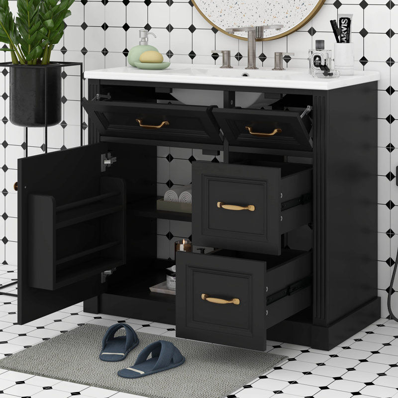 Meuble-lavabo 36 po avec lavabo, lavabo simple avec 4 tiroirs, porte à fermeture en douceur et tablette réglable, lavabo en céramique