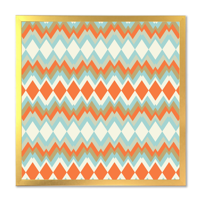 Zigzag en bleu et orange - impression sur toile, H 36 po x l 36 po, Cadre doré