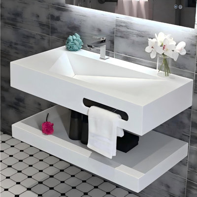 Meuble-lavabo flottant mural 32 po avec lavabo en pierre intégré en forme de V, tablette ouverte réglable et siphon en P