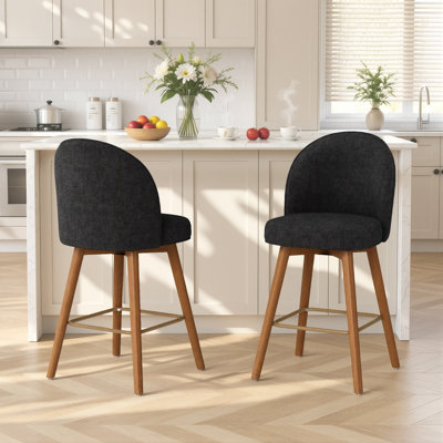 Modern Counter Height Bar Stool With Back, Black Chenille Upholstery, Non-swivel, Rubberwood Legs With Walnut Finish
