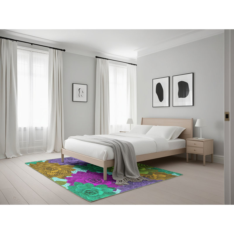 Tapis rose/vert/jaune tissé à la machine, Rectangle 5 pi x 7 pi