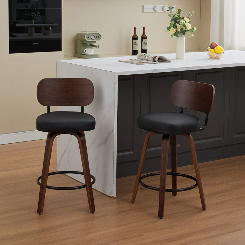 Ensemble de 2 tabourets de bar pivotants de style Mid-Century, tabourets de bar à hauteur de comptoir revêtus de similicuir avec dossier en noyer et pieds en bois cintré pour îlot de cuisine