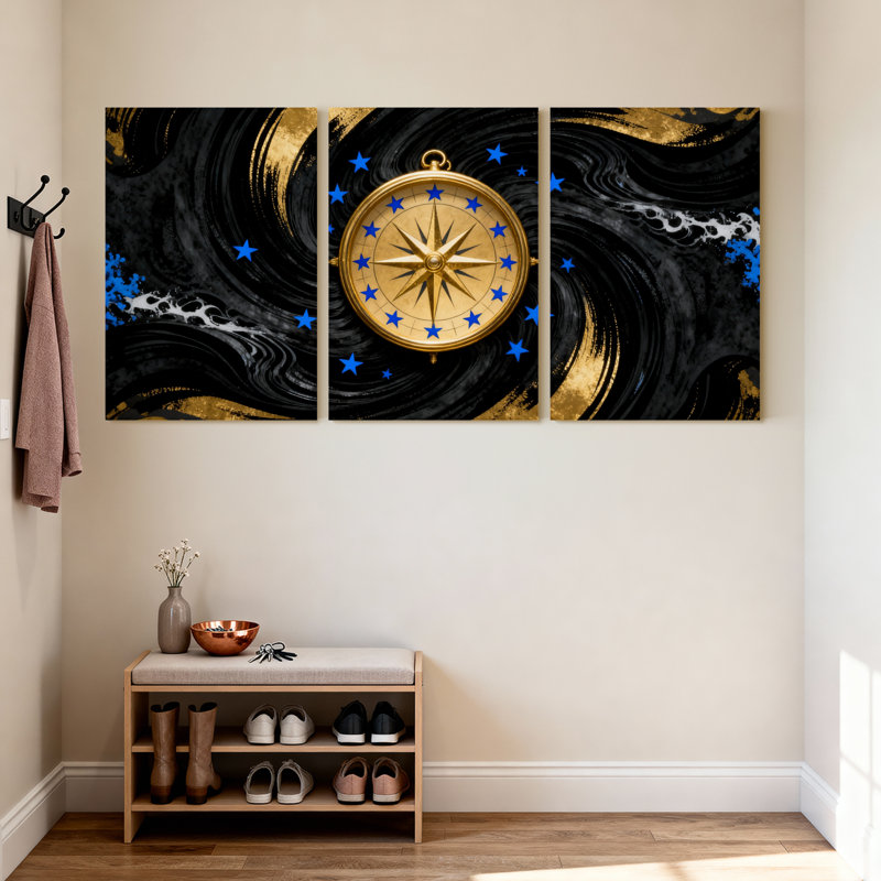 Boussole dorée, étoiles bleues, tourbillons noirs, ensemble de 3 impressions sur toile, H 30 po x l 60 po
