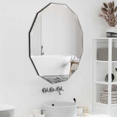 Nathanual Flat Wall Mirror Beveled Edge Frameless Wall Mount Mirror, Irregular Shaped, Unique Vanity Mirror 24"