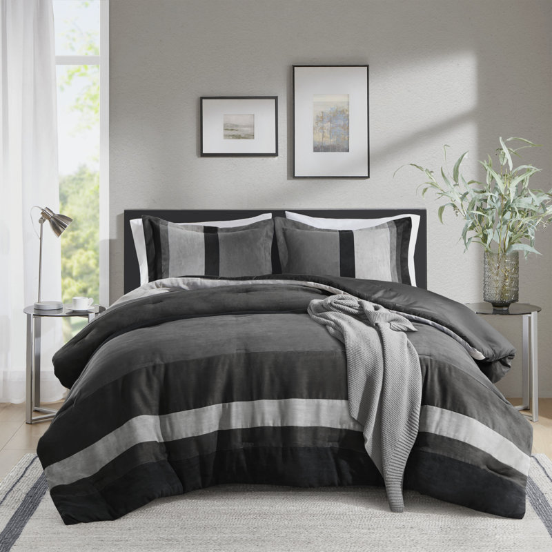 Boulder Striped Microsuede Plush Comforter Set in Farmhouse Style, Black, Full/Queen Comforter + 2 Standard Shams
