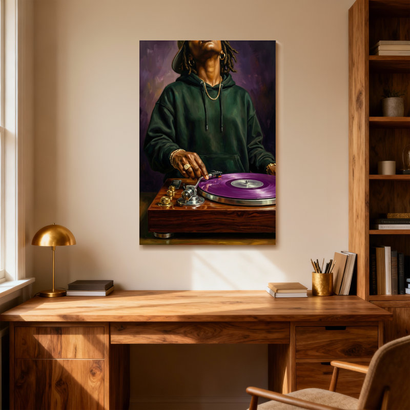 Fashion DJ avec vinyle mauve sur platine, H 18 po x l 12 po