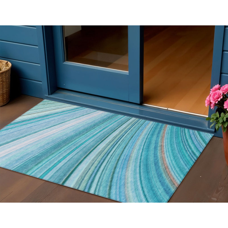 3' X 5' Teal Blue Aqua And Blue Abstract Washable Indoor Outdoor Area Rug