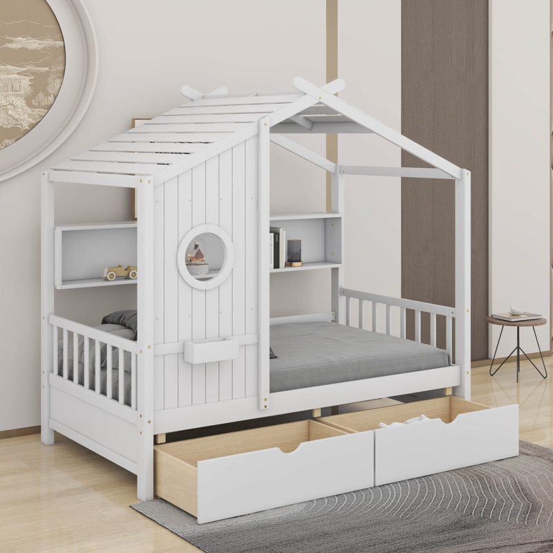 Lit en bois avec tiroirs, Lit simple, Blanc