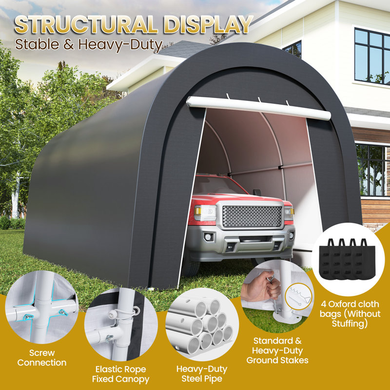 Abri d'auto robuste 13 x 20 pi avec 4 sacs en tissu pour une stabilité accrue, garage portatif à toit rond avec 2 portes enroulables, abris pour le rangement des véhicules, outils et équipement d'extérieur
