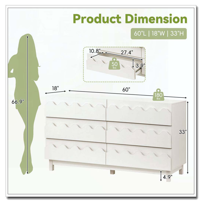 60" Length 6 Drawer Dresser with Wave Front Design, Ivory