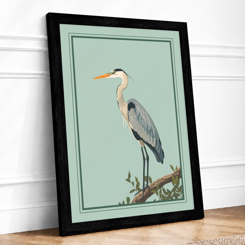 Great Blue Heron Japandi - Framed Print, Black, A3 - 42.0 x 29.7 cm