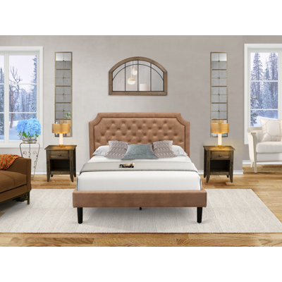 Ensemble de chambre à coucher 3 pièces avec lit très grand capitonné et 2 tables de chevet noyer antique Mid Century Modern - similicuir brun foncé avec texture noire et pieds noirs