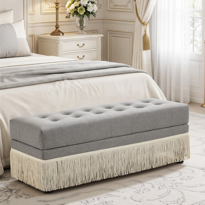 Banc de rangement 47,2 po avec frange de sécurité, banc de bout avec rangement, repose-pieds en lin capitonné pour le salon et le vestibule