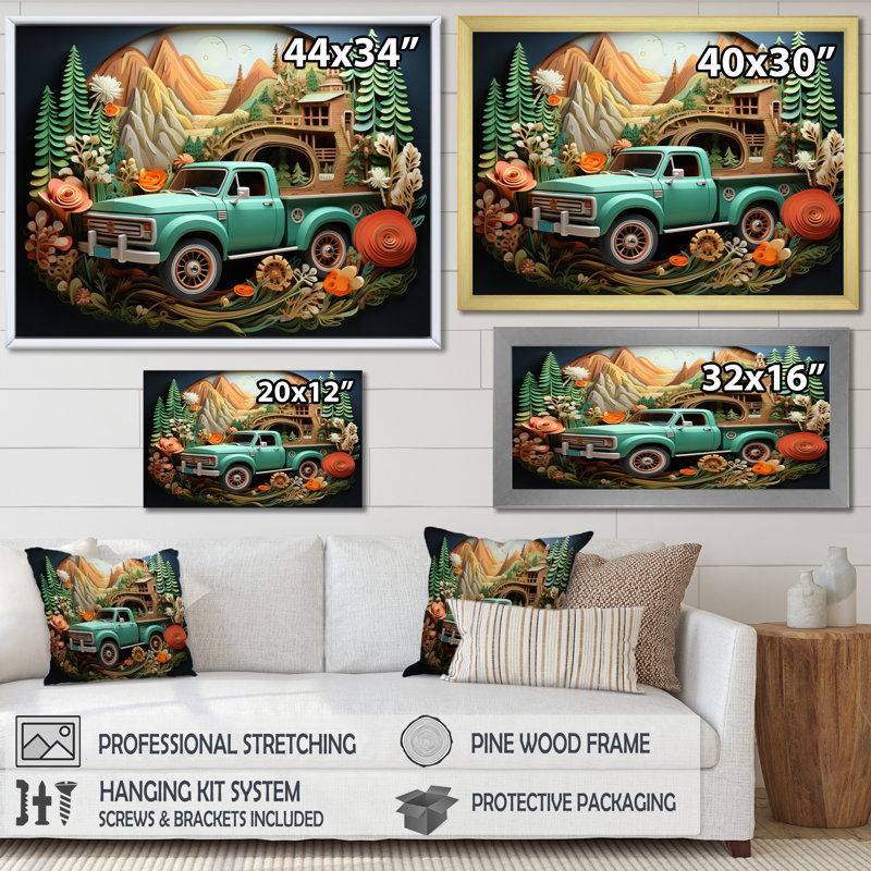 «Pickup Truck Offroad Adventures V», reproduction sur toile, H 12 po x l 20 po x P 1 po, Cadre flottant doré