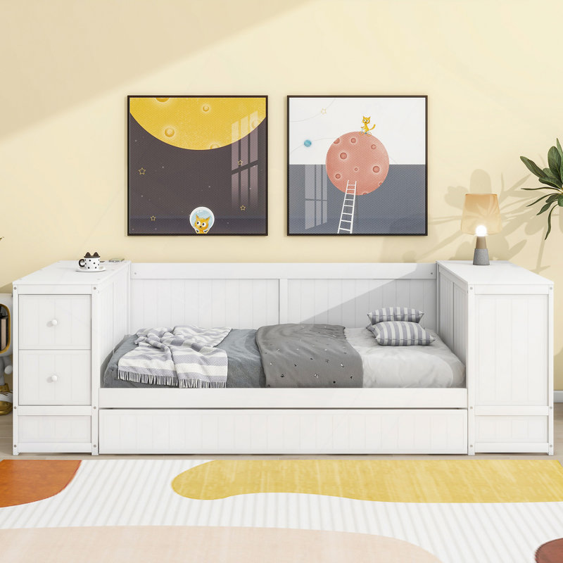 Daybed With Storage Arms, Trundle And Charging Station, White