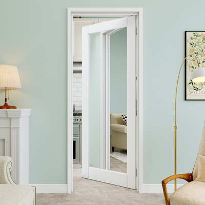 30" x 80" 1-Lite Mirror Interior Prehung Door with Silver Hinges, One Side Mirror, Paintable & Waterproof, Suit for Laundry, Closet Doors, Room Doors, Right Hand
