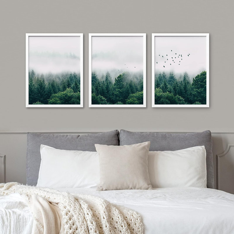 IDÉE4WALL, art mural pin vert encadré, ensemble de 3 impressions murales de paysage de forêt émeraude brumeux, décor de nature sauvage pour salon, chambre à coucher, 3 pièces