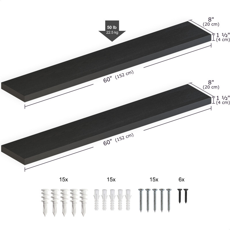 Miami Floating Shelves, 60 Inches Long Heavy Duty Wall Mounted Wood Shelves, 60 inches, Black
