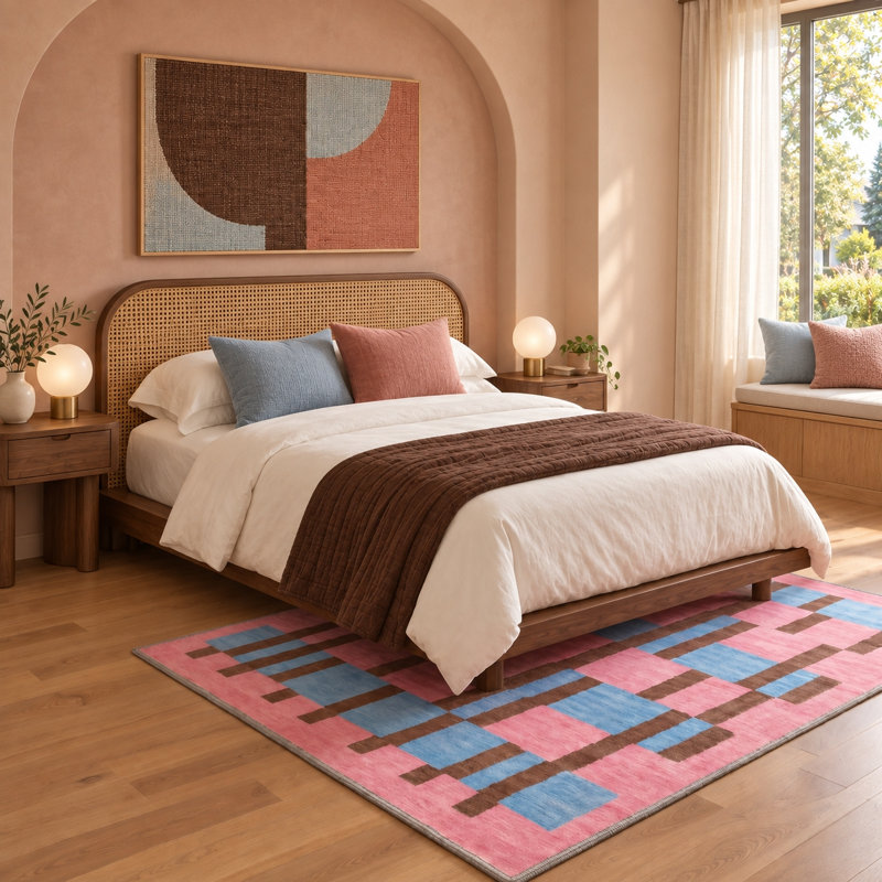 Tapis à motif géométrique à carreaux rétro Bungalow Bungalow, Rectangle 108 " x 72 "