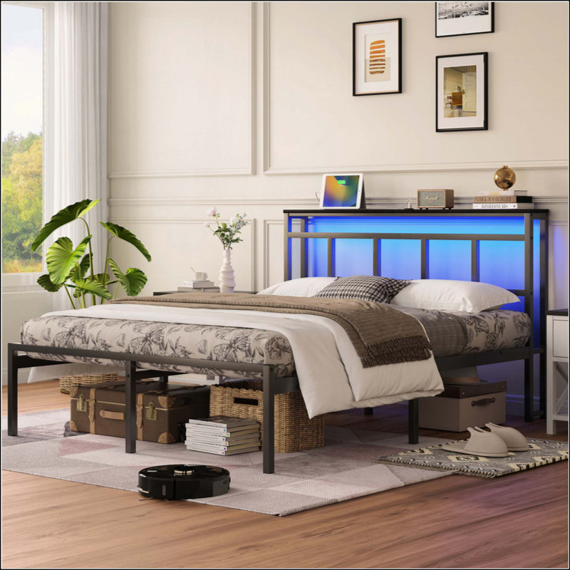Structure de lit avec tête de lit, structure de lit plateforme en métal avec USB-C, type C et lumière DEL, Grand lit